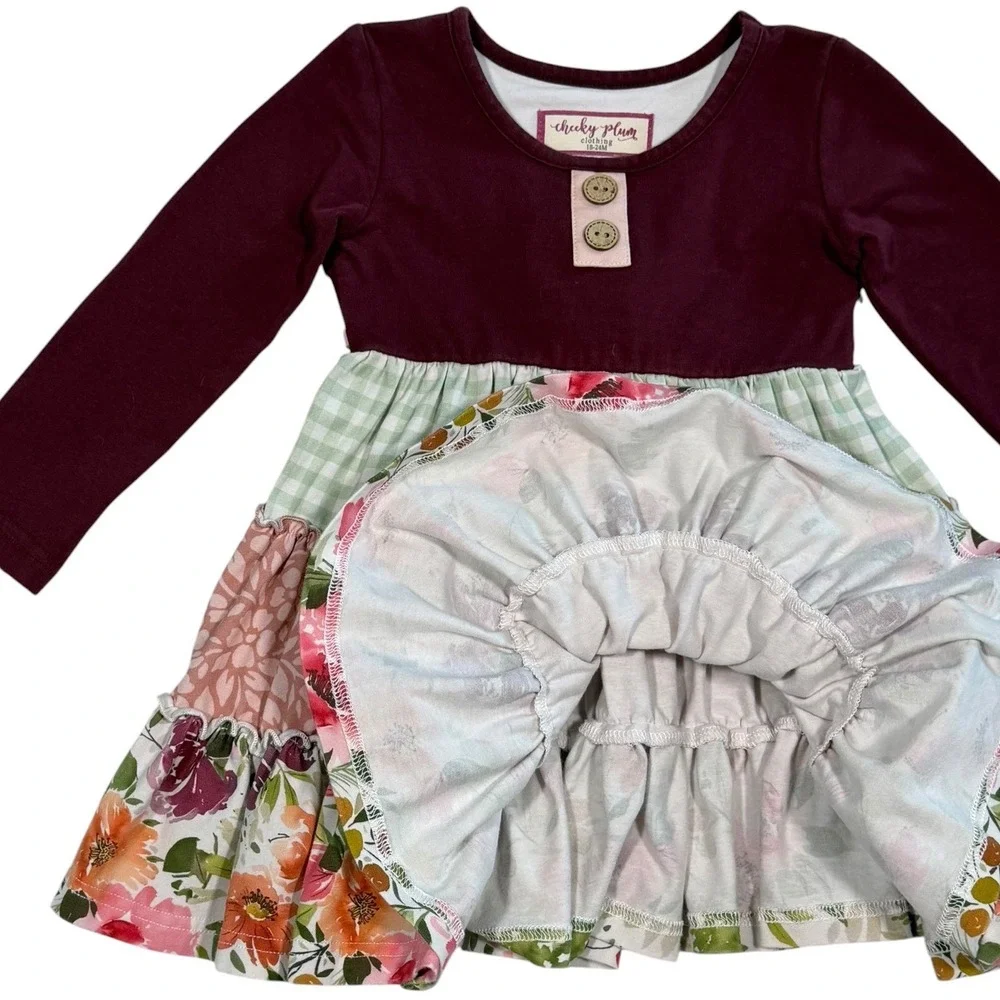 Cheeky Plum Girls 18-24M Burgundy Floral Gingham Tiered Ruffle Long Sleeve Dress